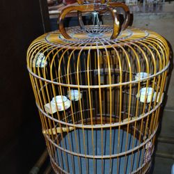 Antique Bamboo Teak Bird Cage With Porcelain Feeders 
