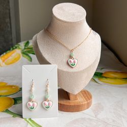 Jewelry Set, Cute Flower Tulip Mint Pearl , Heart Charm, Dainty Coquette Fun