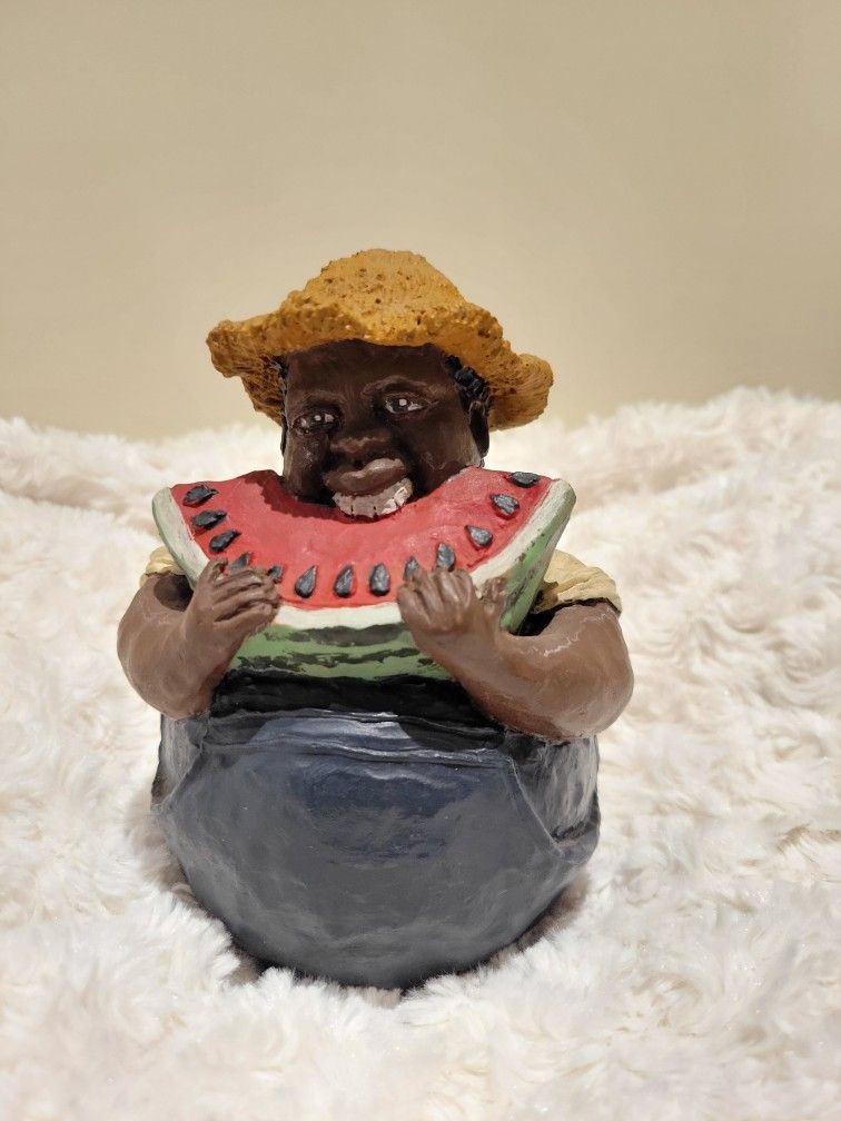 Vintage Figurine, Black Man Eating Watermelon, Signed.