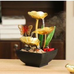 USB-Powered 3-Tier Tabletop Fountain Humidifier with Natural Rocks and LED Lights, Decorative Humidifier for Bedroom (Yellow)