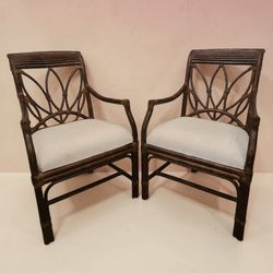 Pair Vintage Bernhardt Rattan Arm Chairs 1970s