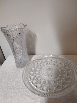 Beautiful cut crystal glass vase and platter