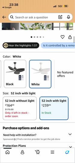 52-Inch White Ceiling Fan with Light