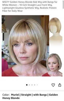 WIGYY Golden Honey Blonde Bob Wig with Bangs for White Women - 10 Inch Straight Lace Front Wig, Lightweight Glueless Synthetic Wig, Realistic Protein 