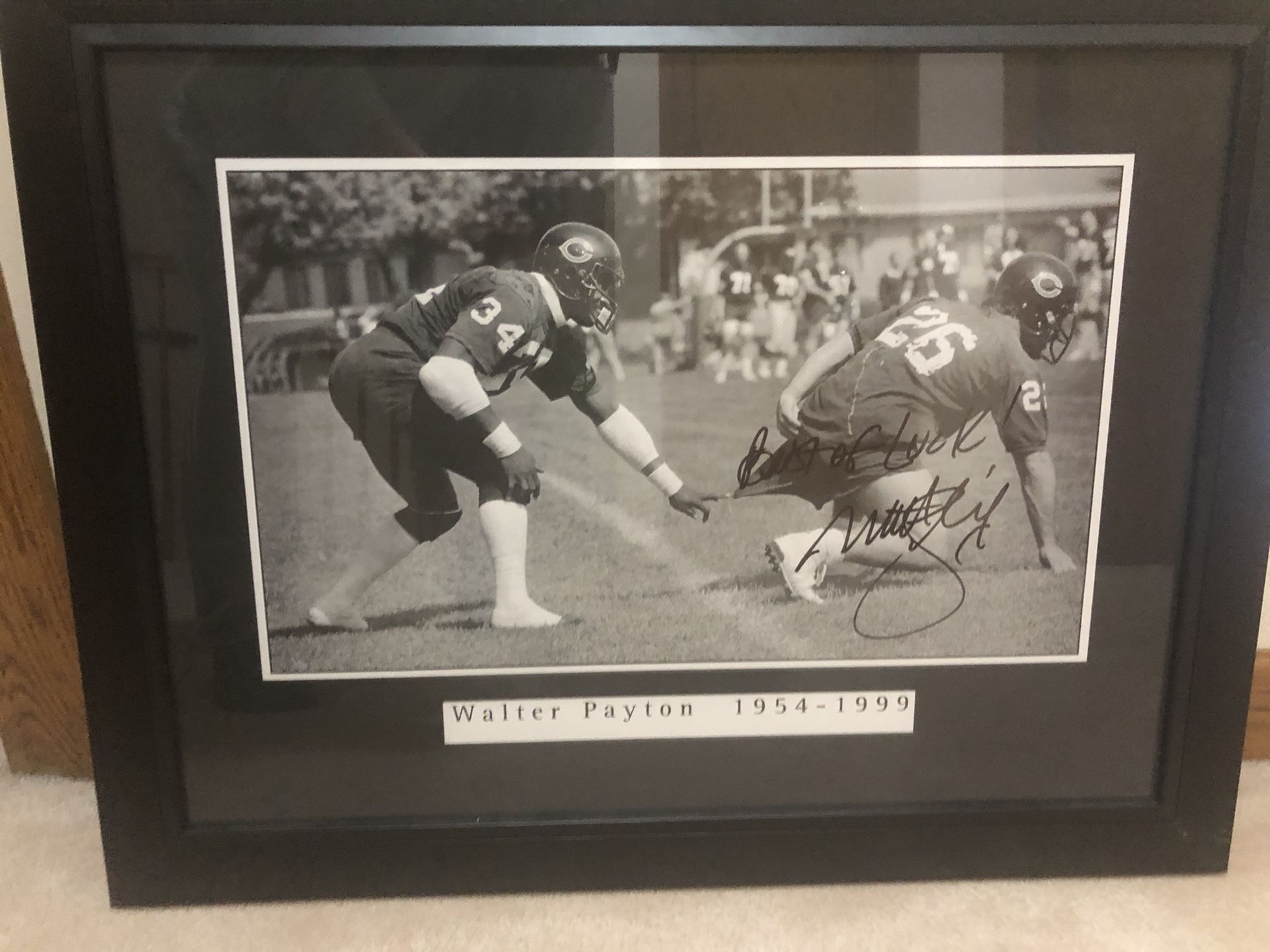 Iconic Walter Payton, Matt Suhey poster framed and autographed by Matt Suhey.