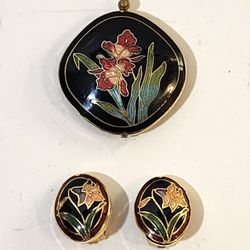 Lot Cloisonne Enamel Flower Floral Pendant & Clip-on Earrings Gold Plate Vintage