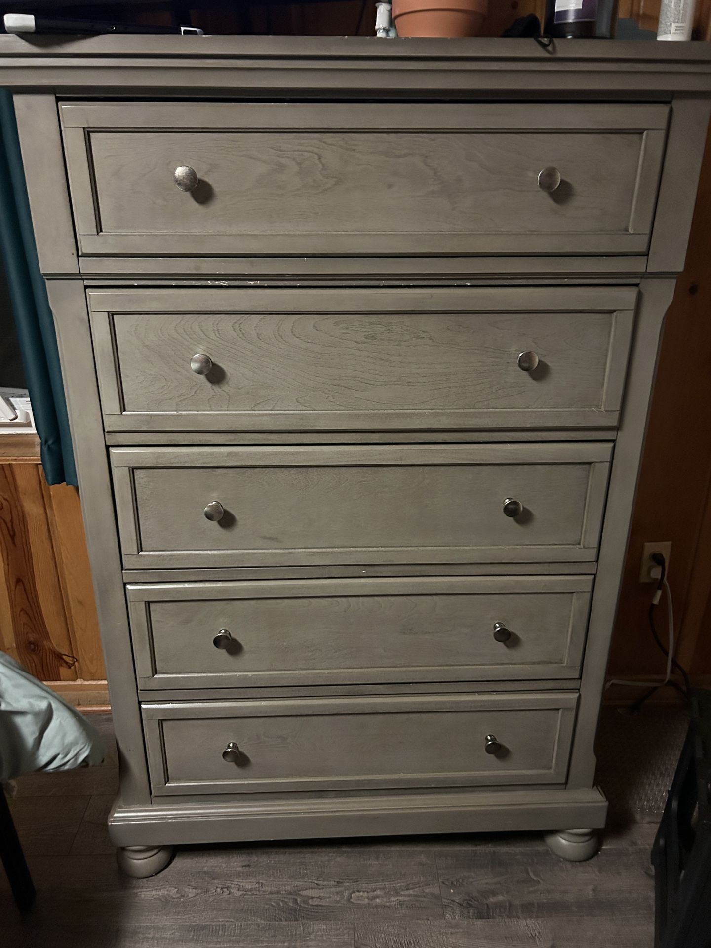 Gray 5-Drawer Dresser – Solid Wood, Functional, Fair Condition