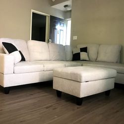 Light Grey White Sectional Sofa Set W/ Ottoman (Right Chaise) 👍FREE FINANCING AVAILABLE 👉 0️⃣ DOWN PAYMENT ❗NO CREDIT CHECK❗ 
