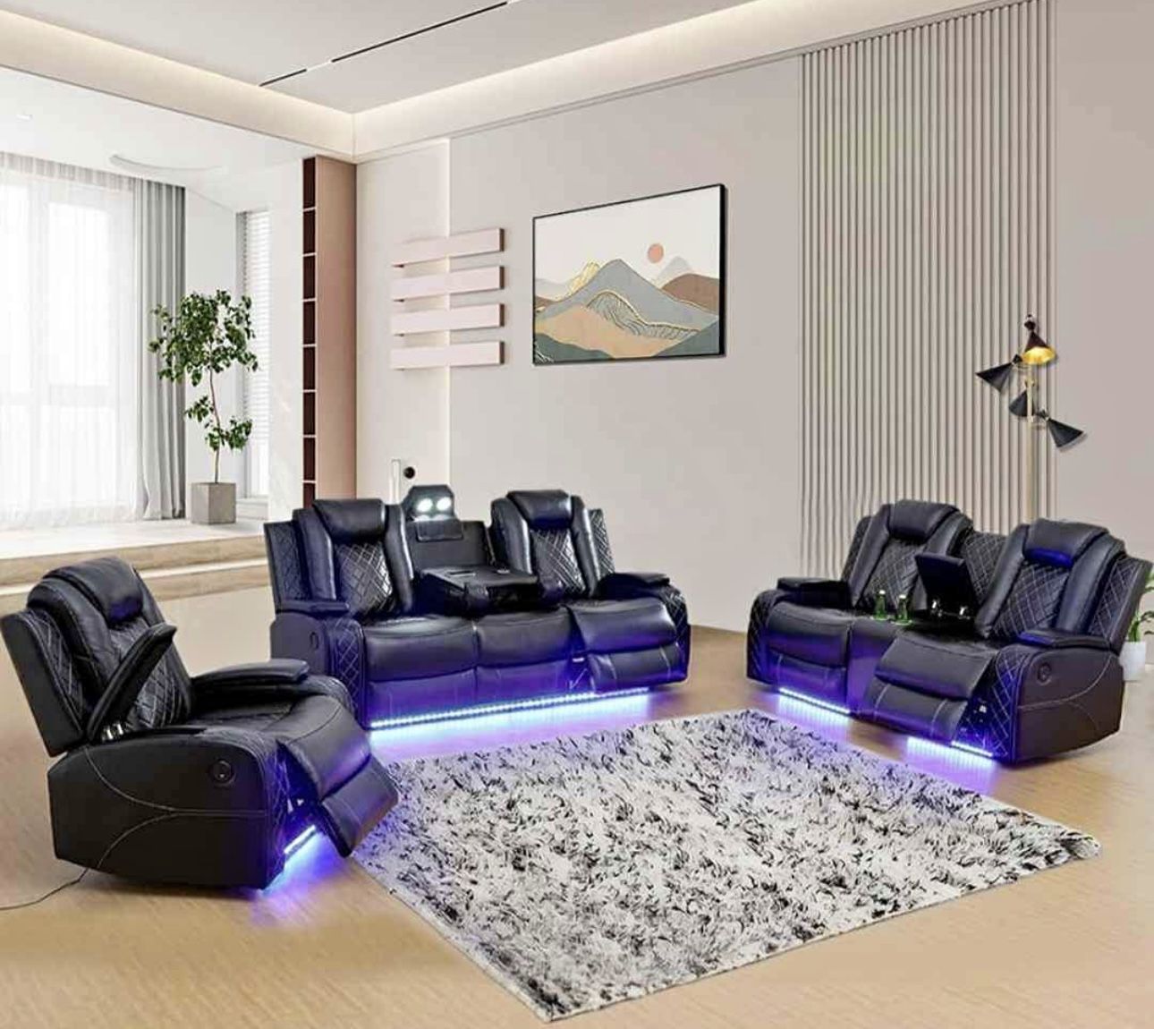Power Electric Black Leather Fully Reclining Three Piece Couch Set