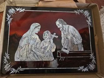 JESUS MARY JOSEPH LAQUERED WOOD PLAQUE