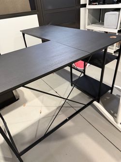 Black L-Shaped Desk with Side Shelves
