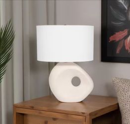 Liv & Skye 26 in. Ivory Ceramic Table Lamp with Cutout Design and White Linen Shade