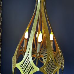 MCM Hammered Gold Metal Pendent Swag Light Plug In Chandelier Vintage 31” X 16 “