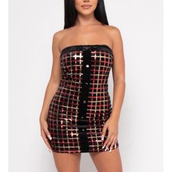 BLACK VELVET RED AND GOLD SEQUINS STRAPLESS BUTTONS DOWN BODYCON MINI DRESS