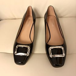 Misue Mila Women's black patent leather dress shoes with silver buckle and medium square heel,