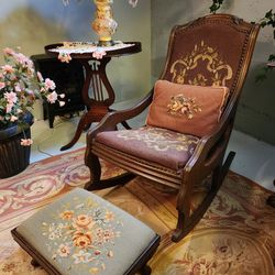 Antique "NEEDLE POINT" "Rocking Chair " Rocker & Footstool
