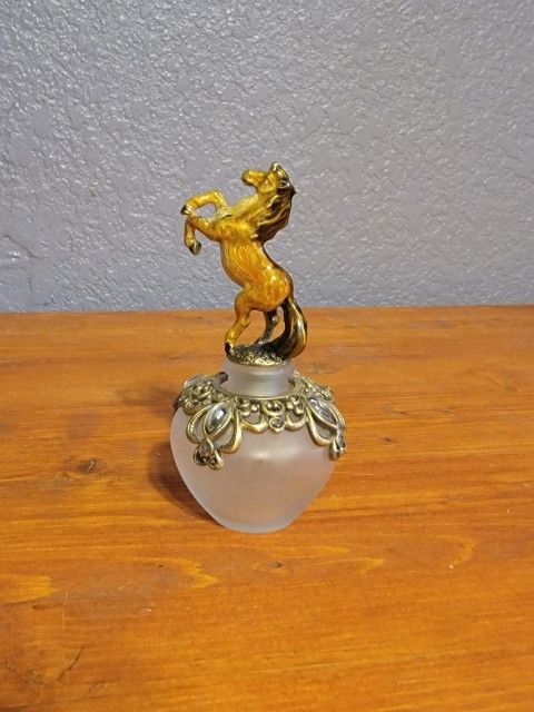 Frosted Bejeweled Perfume Bottle With Golden Horse Topper Empty 4.5" Tall