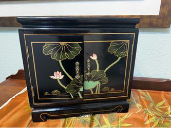 Vintage Asian-Style Black Lacquer Jewelry Box / Jewelry Armoire with Drawers