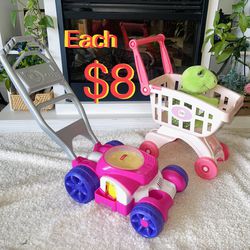 $8 each Girls Lawnmower and shopping cart with plushy in great condition