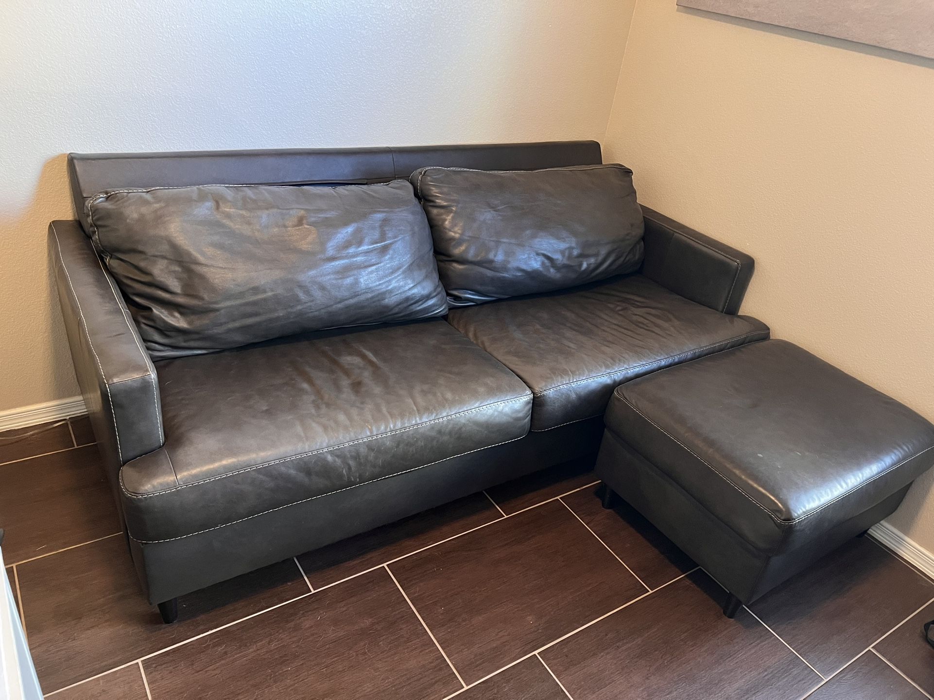 ASHLEY’S Leather Brown Sofa With Ottoman