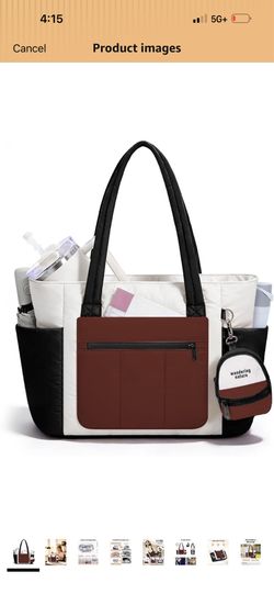 Puffer Tote Bag for Work & Nurse, 2-Piece, 2 Inner Bottle Pocket, Fits 40oz Tumbler & 15.6" Laptop, Trolley Sleeve