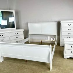 🎈 Louis Philip White Sleigh Bedroom Set Queen Size 4 Pcs (Bed, Dresser, Nightstand And Mirror)