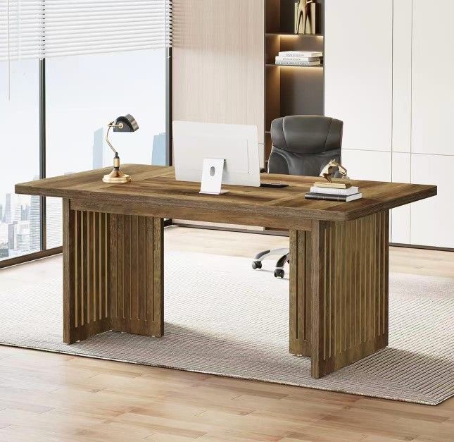 F2146 63-Inch Executive Desk, Large Computer Desk with Sturdy Wood Legs & Thickened Tabletop, Mid-Century Modern Study Writing Table Workstation Busin