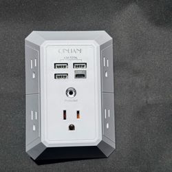 Wall Charger, Surge Protector, QINLIANF 5 Outlet Extender with 4 USB Charging Ports, 3-Sided 1680J Power Strip Multi Plug Adapter Spaced for Home Trav