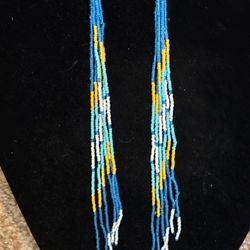 Iris Blue Multi Glass Seed Beaded Extra Long Earrings  7.5"