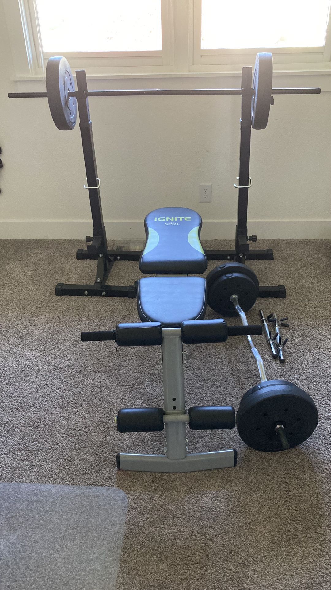 Work Out Weight Lifting Bench And Rack And Curl Bar