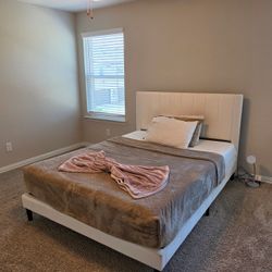 Off-White Upholstered [QUEEN] Bed Frame + Headboard – Modern