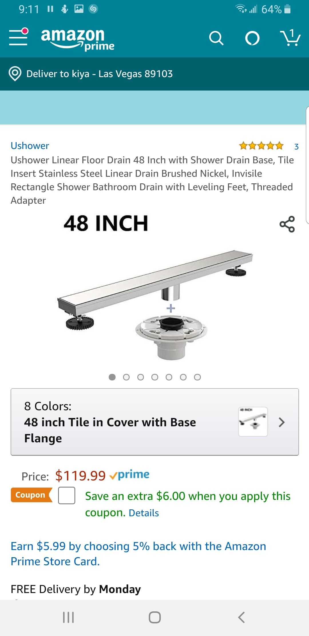 USHOWER 48" Linear Floor Drain Stainless w/ tile insert and Leveling Feet