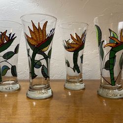 4 Hand Painted Tall Glasses