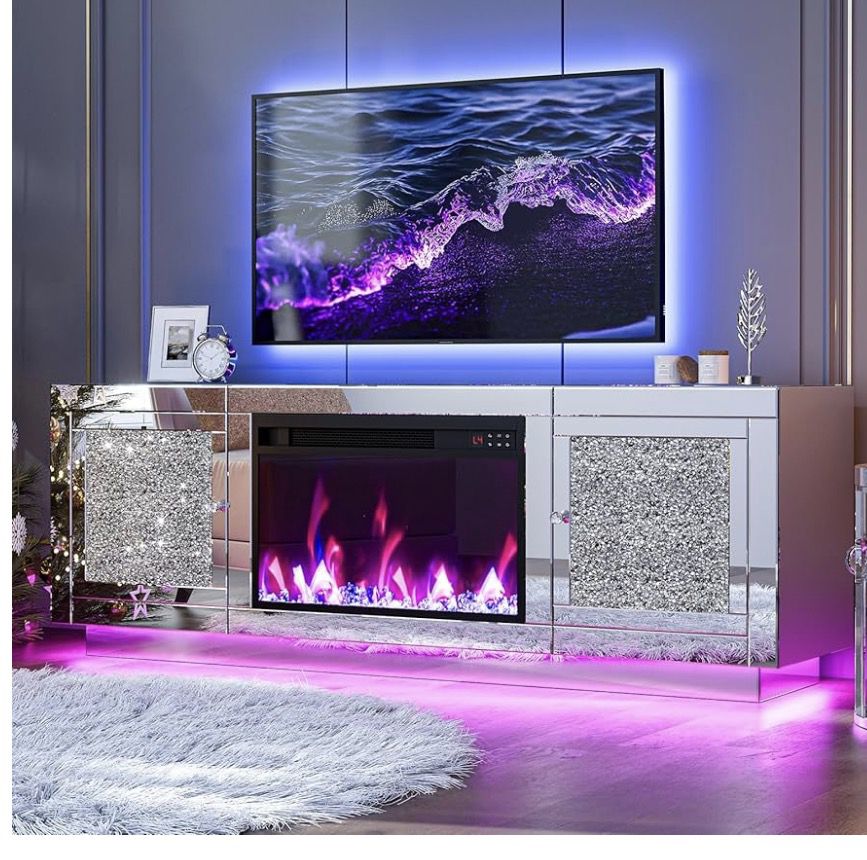 IKIFLY Mirrored Fireplace TV Stand for 65+ inch TV, Mirrored TV Stand with Crushed Diamond & LED Light, Silver Media Entertainment Center with Firepla