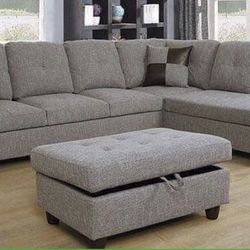 New Light Gray Tweed/linen Sectional Sofa W/ Free Ottoman And Pillows  New In Original Boxes