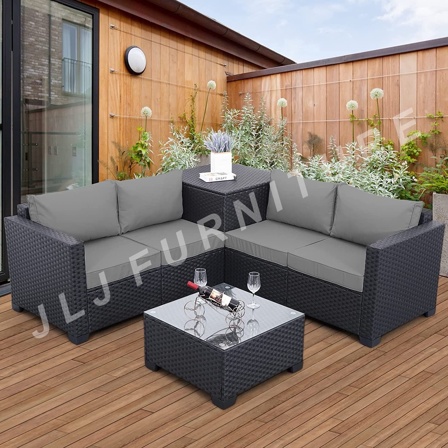 NEW🔥Outdoor Patio Furniture Set Black Wicker Grey Cushions with Storage & Cover
