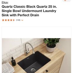 Black Quartz  Sink W Perfect Drain - Undermount 25in Laundry Room Sink 