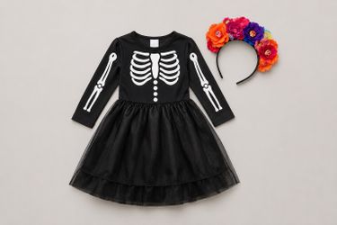 Girls Halloween Dia de Muertos Skeleton Dress and Flower Headband