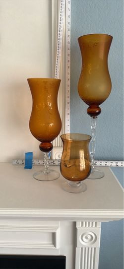 Amber Glass Hurricane Candle Holders Set of 3