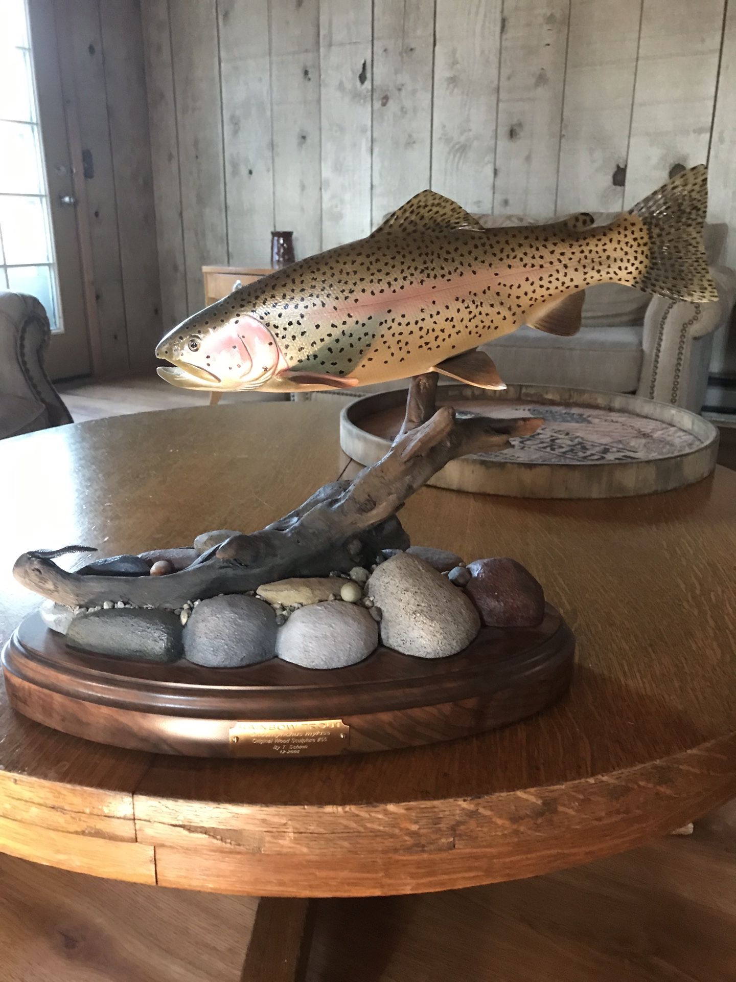 Beautiful hand carved wood rainbow trout by artist T. Shirm, year 2008. Gorgeous, realistic art piece. Paid $800, make offer.