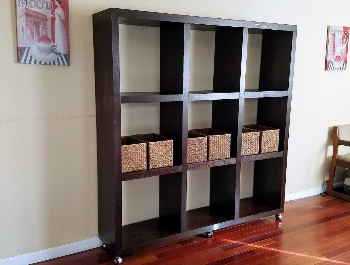 Solid wood espresso jumbo huge cube storage organizer display shelf shelving unit wheels/rolling, living room