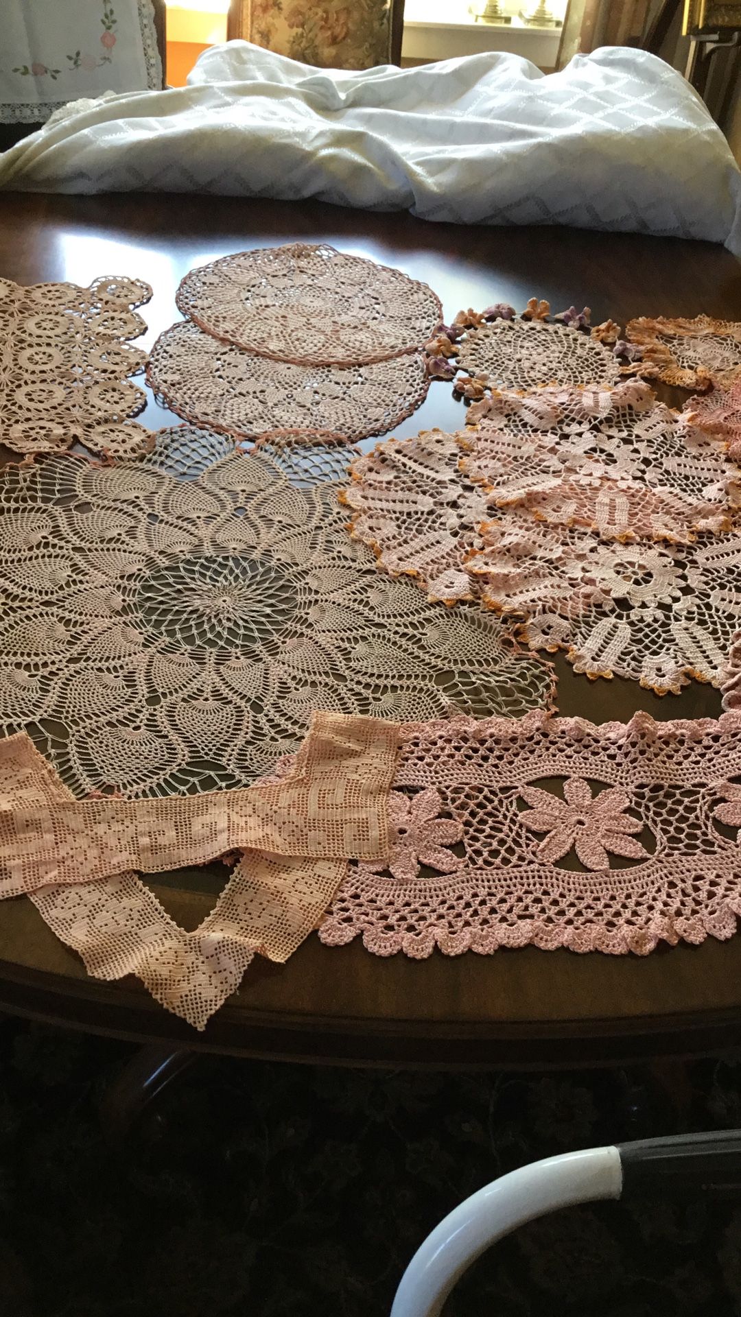 Lot Sale 19 Pieces Vintage Lace Doilies Hand Crocheted Doily Hand Dyed Peach Doily Wedding Repurpose Journaling Slow Stitch