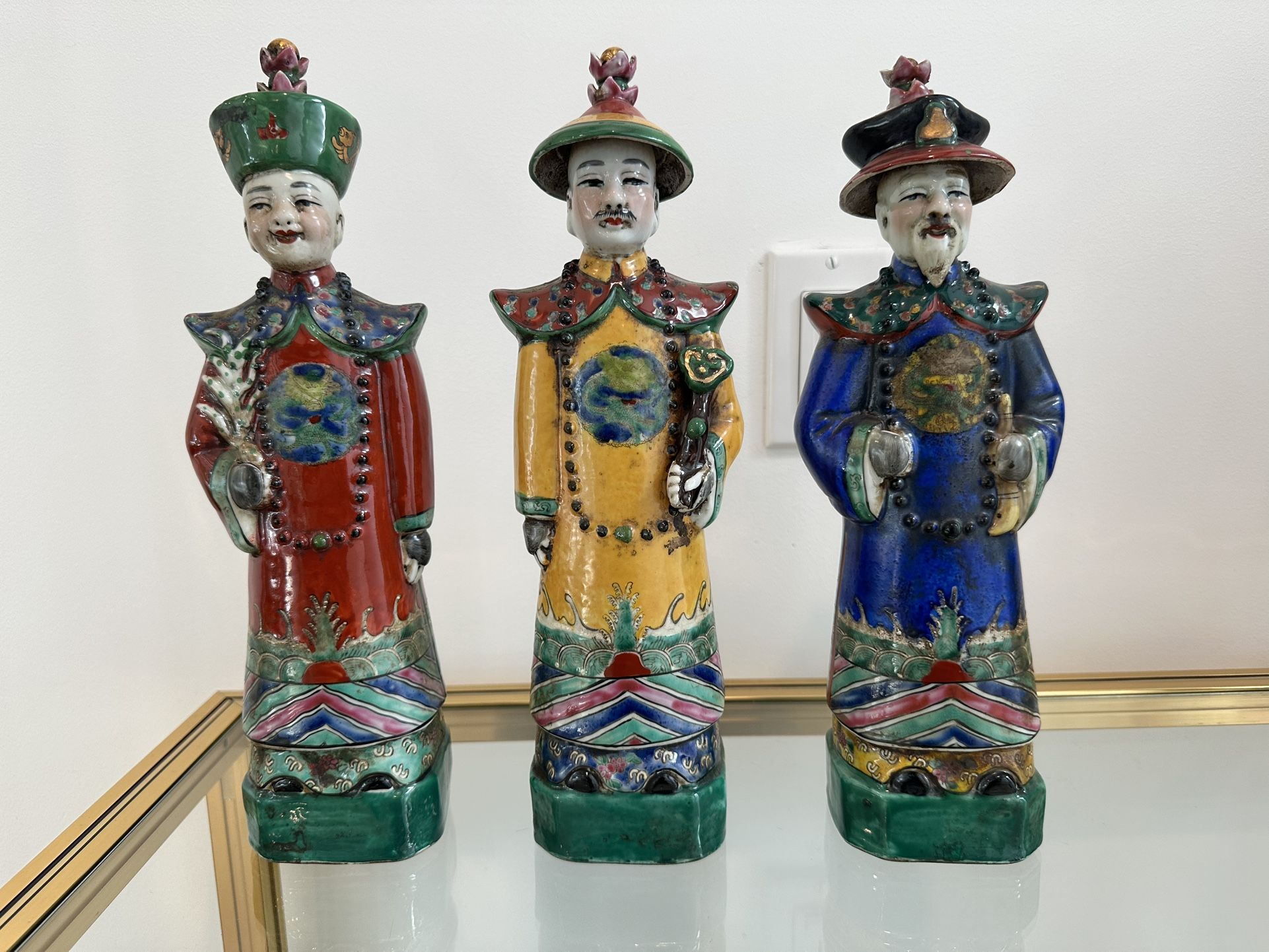 Trio Of Chinese Qing Emperor Statues 12.5” Marked