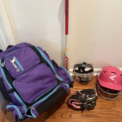 Girls baseball / Softball bag, Bat, Mask, Helmet, Glove 