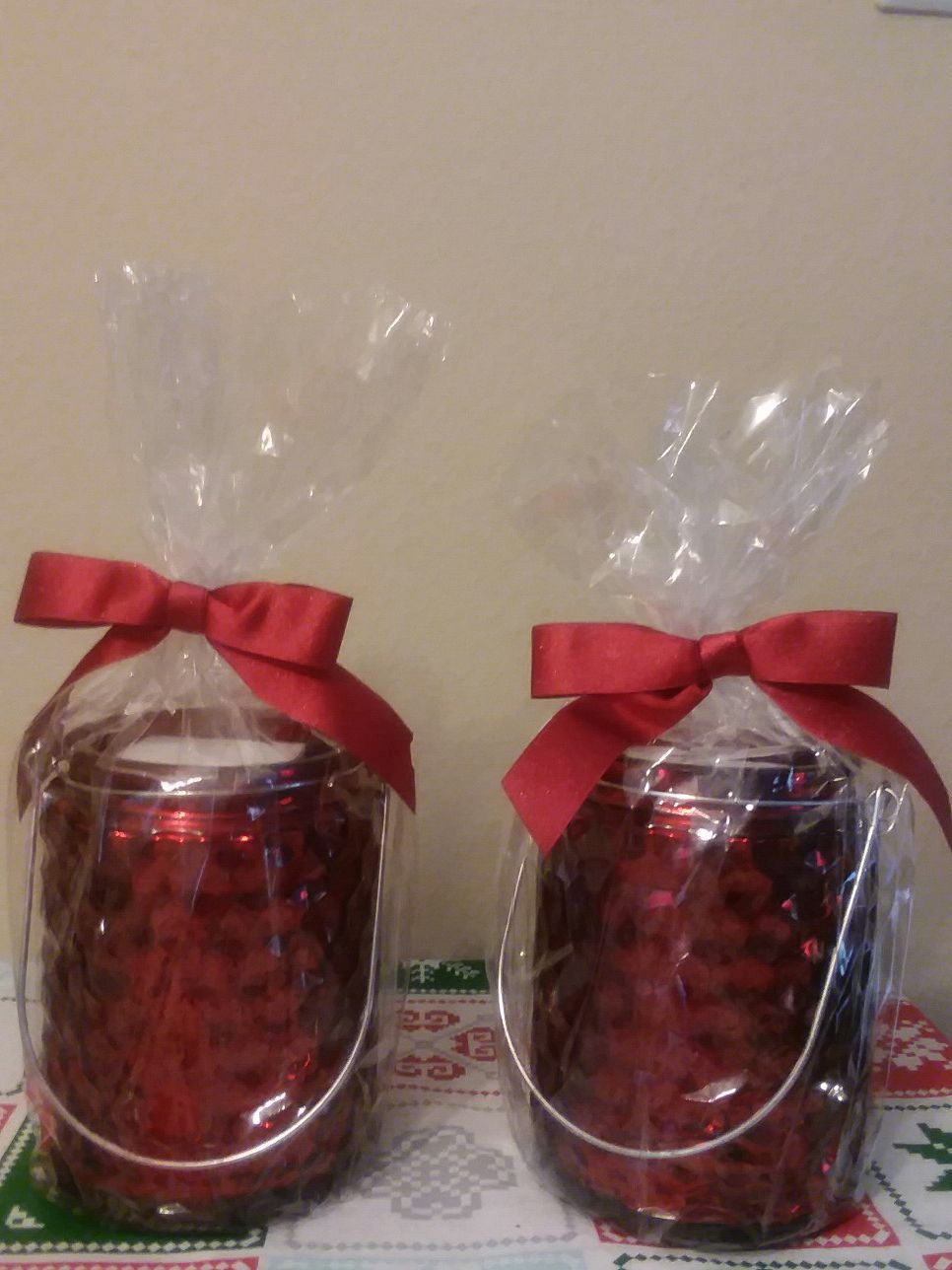 RED GLASS JARS SET (2) 7in tall