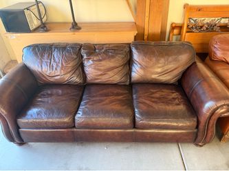 Classic Brown Leather Sofa with Brass Nailhead Trim