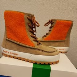 Tory Burch Tory Sport Designer Orange and Tan Fleece Sherpa Moccasin Boots