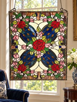 Like NEW STAIN GLASS Roses RED Blue Pink FLORAL Design