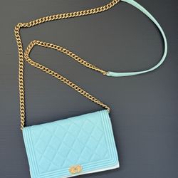 100% AUTHENTIC Tiffany Blue Chanel Boy WOC Quilted Caviar on GHW Wallet on Chain