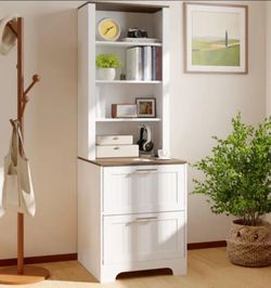 72in Tall Bookshelf With 2 File Drawers Wooden Farmhouse Bookcase White